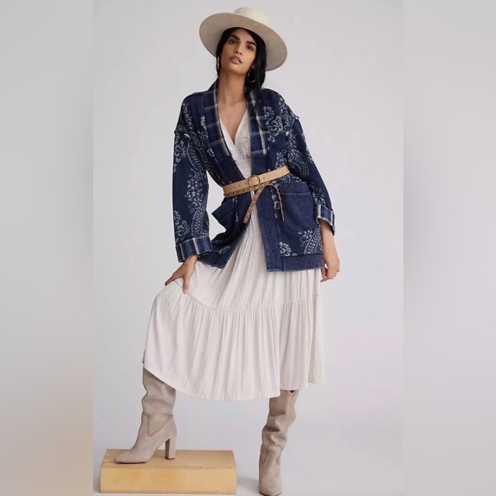 Pilcro Anthropologie Quilted Kimono Jacket Open Cardigan Xxs/xs Women’s Navy - Picture 2 of 6
